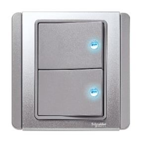 Schneider Neo, Switch, 2G, 2W, 10AX, 250V, White, Horizontal Dolly Switch with Blue LED - E3032H2_EBGS_G3