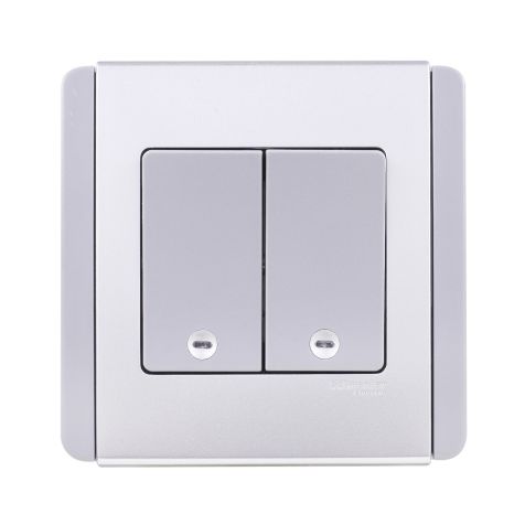 Schneider Neo, Switch, 2G, 1W, 10AX, 250V, Grey Silver, Vertical Dolly with Blue LED - E3032V1_EBGS_G3