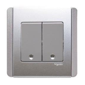 Schneider Neo, Switch, 2G, 2W, 10AX, 250V, Grey Silver, Vertical Dolly with Blue LED - E3032V2_EBGS_G3