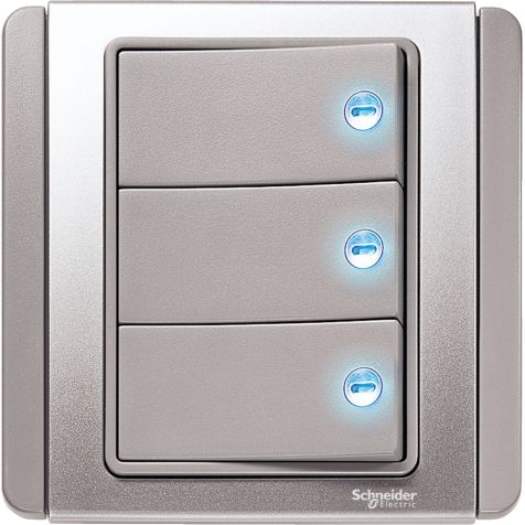 Schneider Neo, Switch, 3G, 1W, 10AX, 250V, Grey Silver, Horizontal Dolly with Blue LED - E3033H1_EBGS_G3