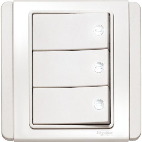 Schneider Neo, Switch, 3G, 1W, 10AX, 250V, White, Horizontal Dolly with White LED - E3033H1_EWWW_G3