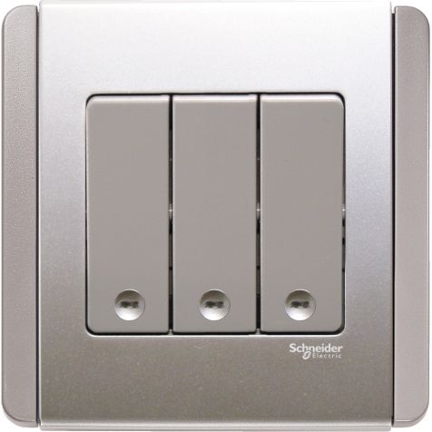 Schneider Neo, Switch, 3G 1W, 10AX, 250V, Grey Silver, Vertikal Dolly Switch with Blue LED - E3033V1_EBGS_G3