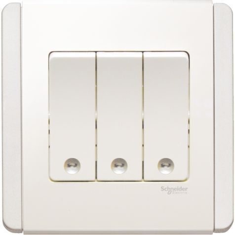 Schneider Neo, Switch, 3G, 1W, 10AX, 250V, Vertical Dolly Switch with White LED, White - E3033V1_EWWW_G3
