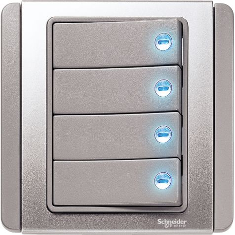 Schneider Neo, Switch, 4G, 1W, 10AX, 250W, Grey Silver, Horizontal Dolly Switch with Blue LED - E3034H1_EBGS_G3