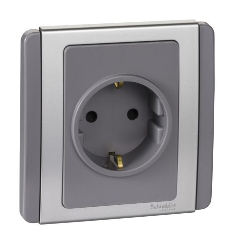 Schneider Neo, Socket Outlet, 16A, 2P+E, with safety shutter, Grey Silver - E3426_16SS_GS_G3