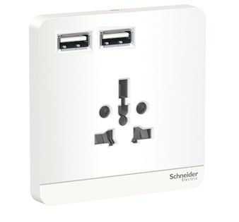 Schneider AvatarOn, USB charger + 2 Socket Outlet, 2P, 16A, White - E8342616USB_WE