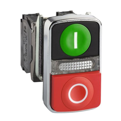 Schneider illuminated double-headed pushbutton - XB4 - Green flush / Red projecting - 22 - 230-240V - 1NO+1NC - LED IP66 - XB4BW73731M5